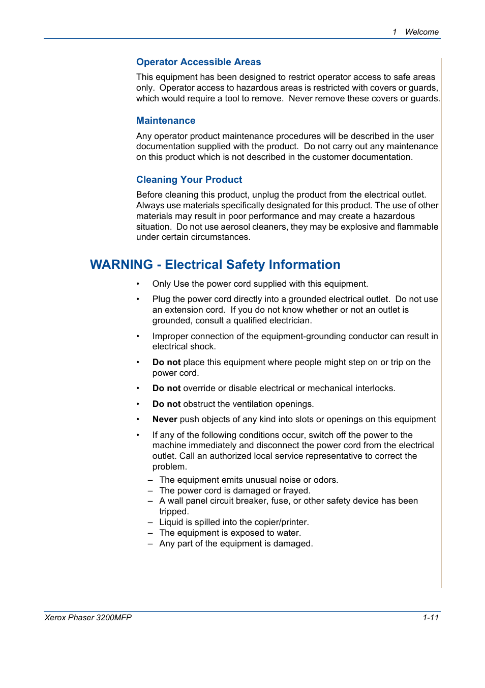 Warning - electrical safety information -11, Warning - electrical safety information | Xerox 3200MFP User Manual | Page 19 / 236