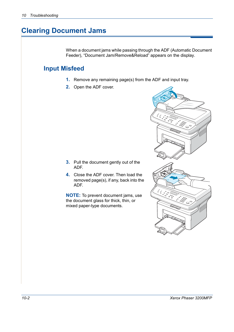 Clearing document jams, Clearing document jams -2, Input misfeed -2 | Input misfeed | Xerox 3200MFP User Manual | Page 190 / 236