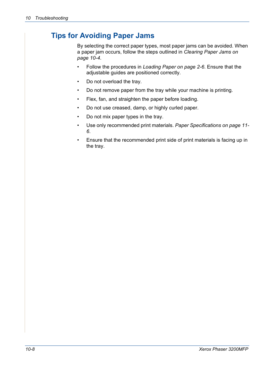 Tips for avoiding paper jams -8, Tips for avoiding paper jams | Xerox 3200MFP User Manual | Page 196 / 236