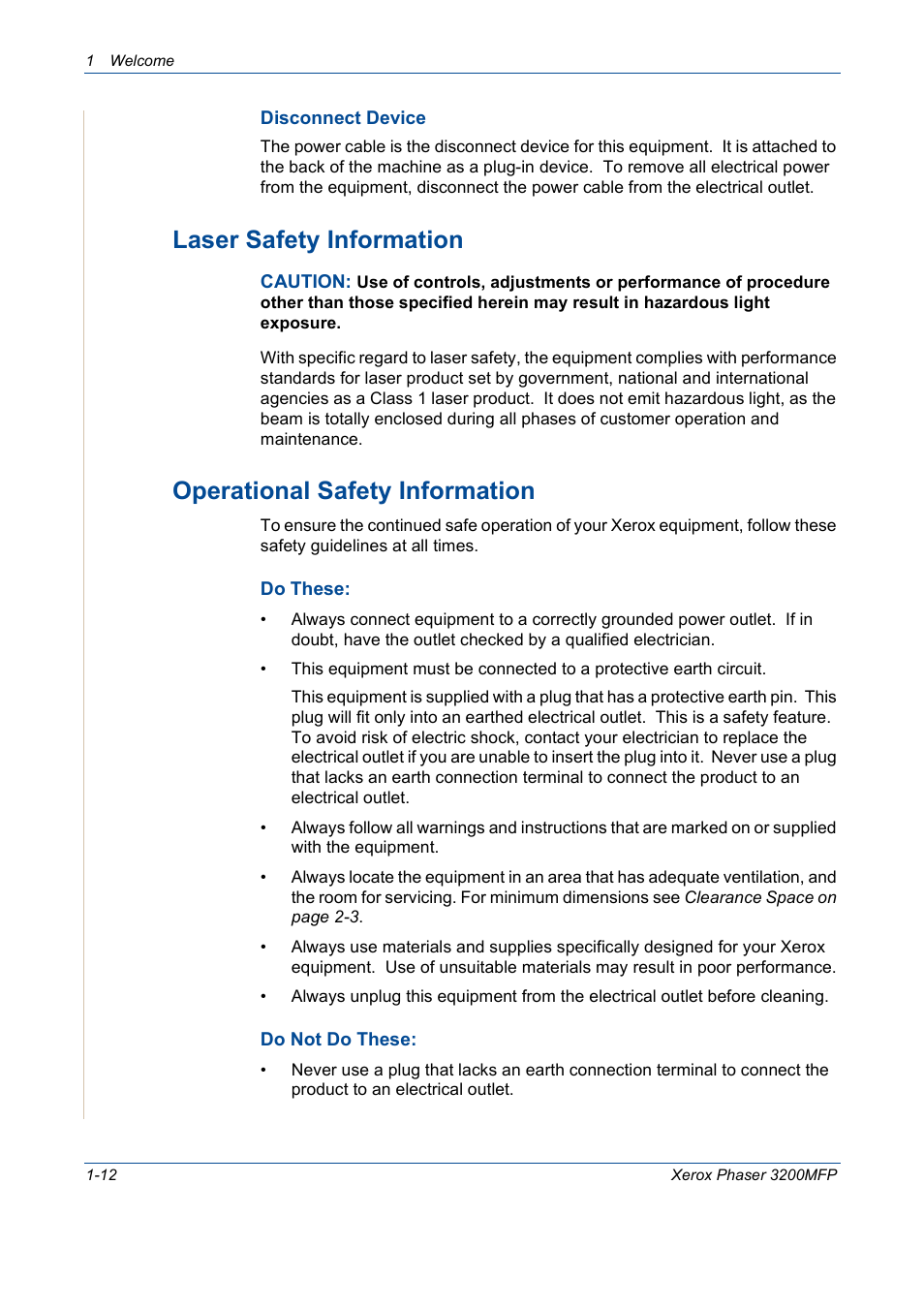 Laser safety information, Operational safety information | Xerox 3200MFP User Manual | Page 20 / 236