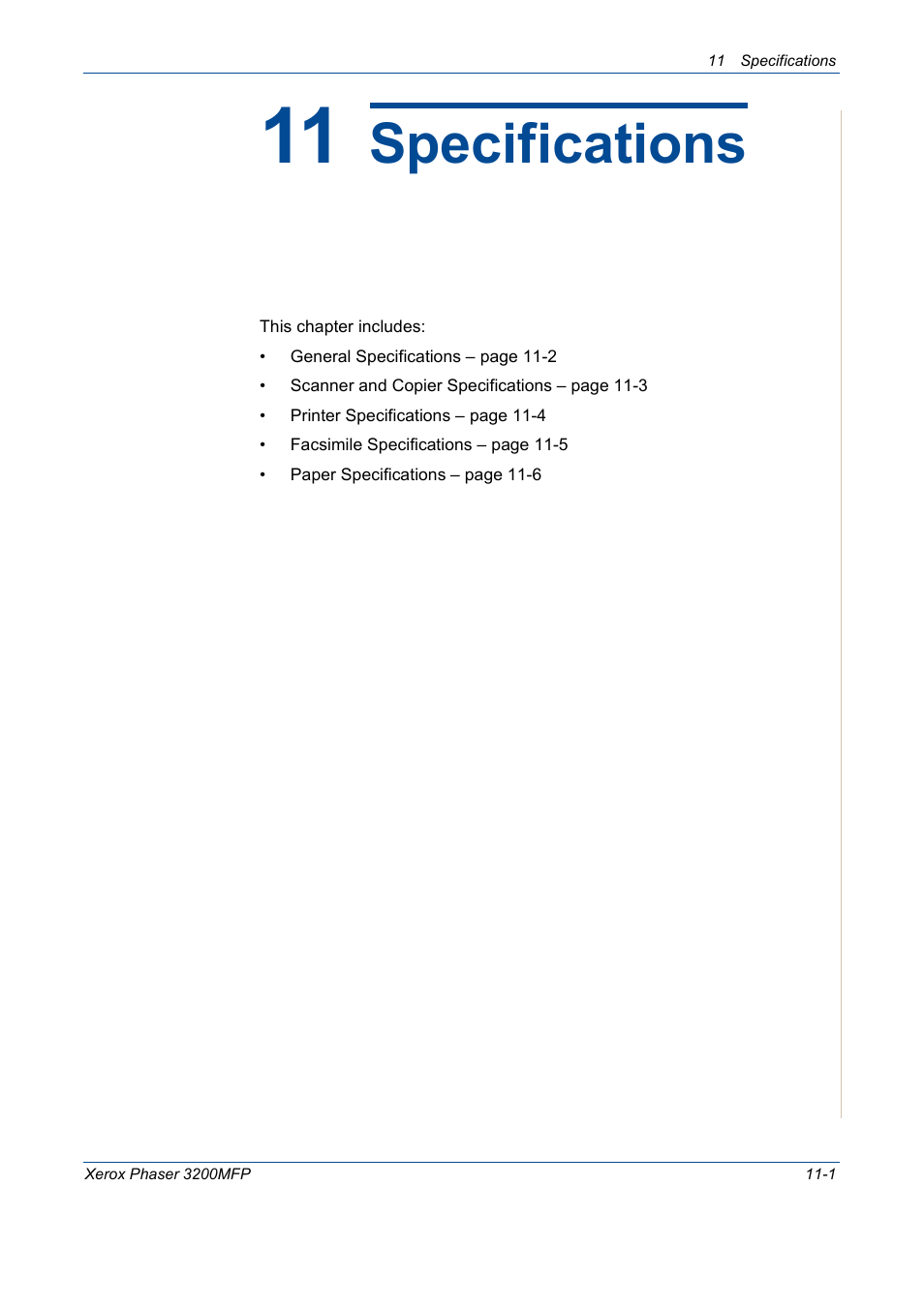 11 specifications, Specifications | Xerox 3200MFP User Manual | Page 219 / 236