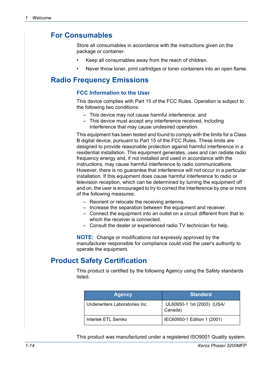 For consumables, Radio frequency emissions, Product safety certification | Xerox 3200MFP User Manual | Page 22 / 236