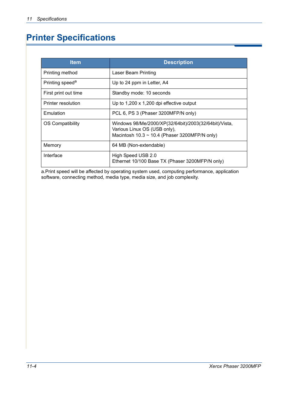 Printer specifications, Printer specifications -4 | Xerox 3200MFP User Manual | Page 222 / 236