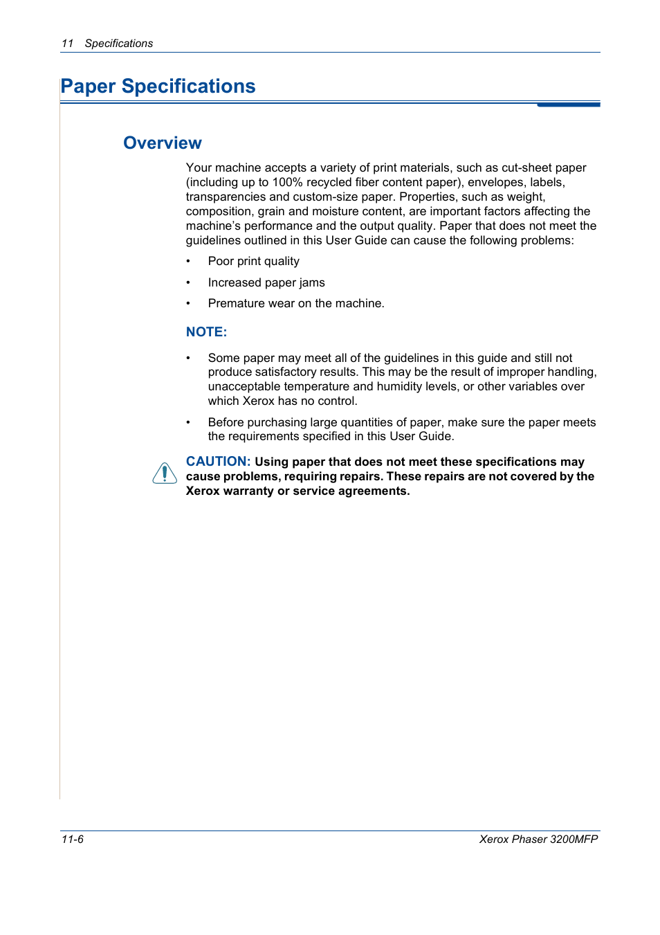 Paper specifications, Paper specifications -6, Overview -6 | Paper, Paper specifications on, Overview | Xerox 3200MFP User Manual | Page 224 / 236