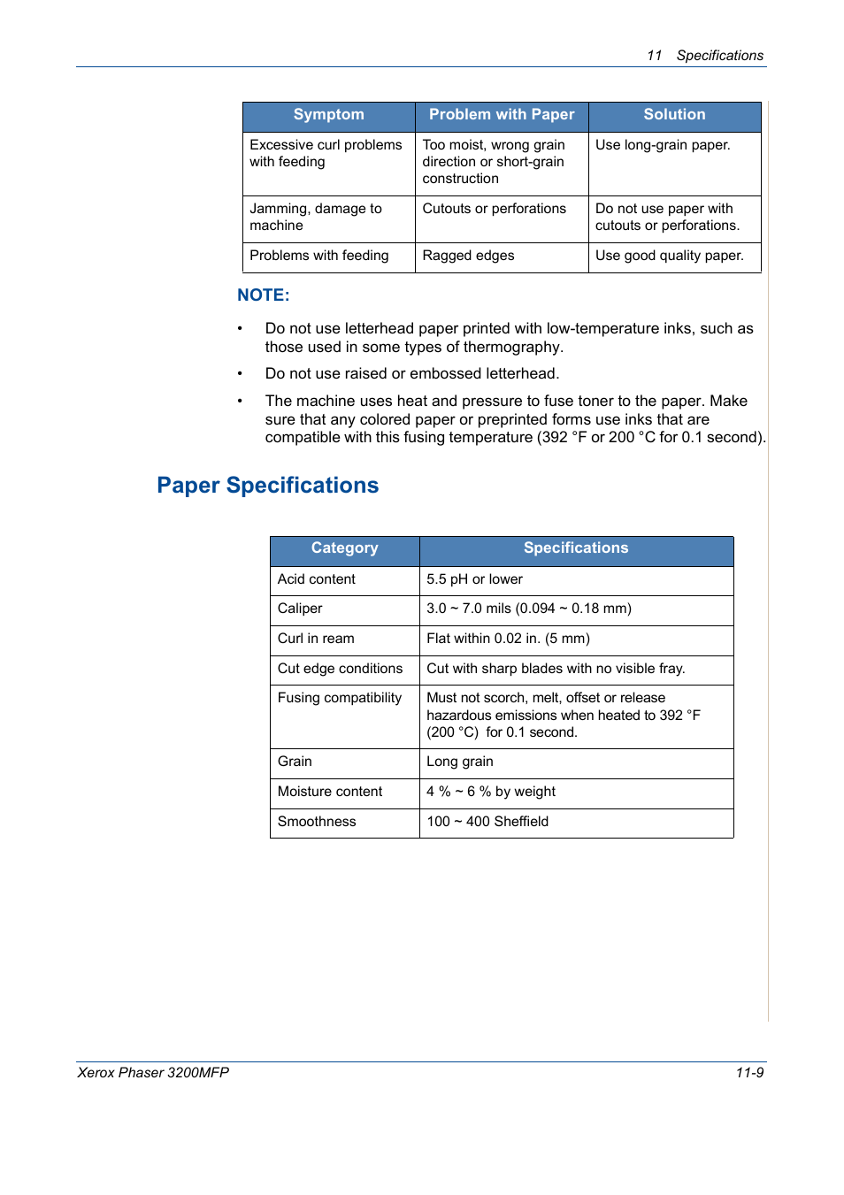 Paper specifications -9, Paper specifications | Xerox 3200MFP User Manual | Page 227 / 236