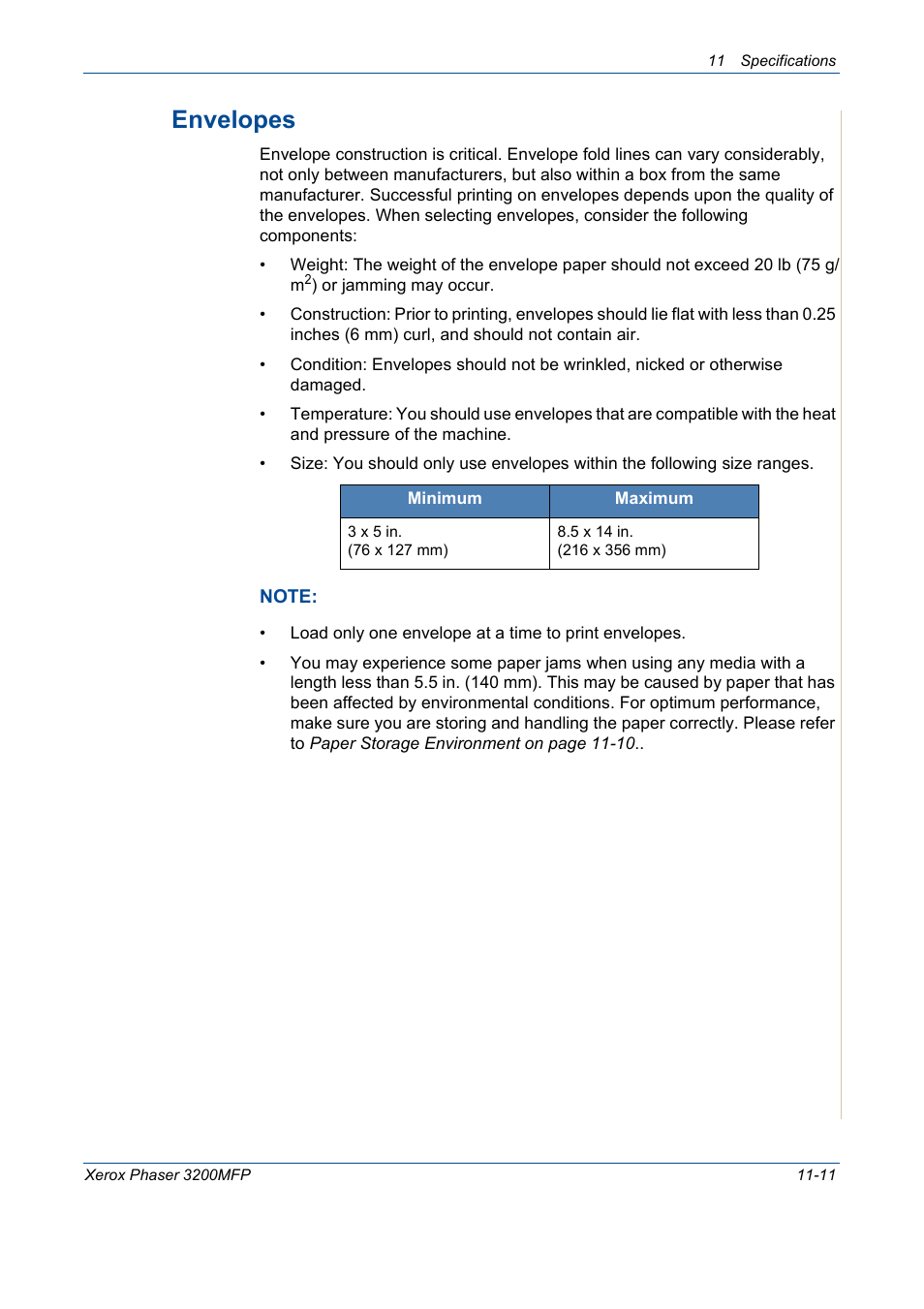 Envelopes -11, Envelopes | Xerox 3200MFP User Manual | Page 229 / 236