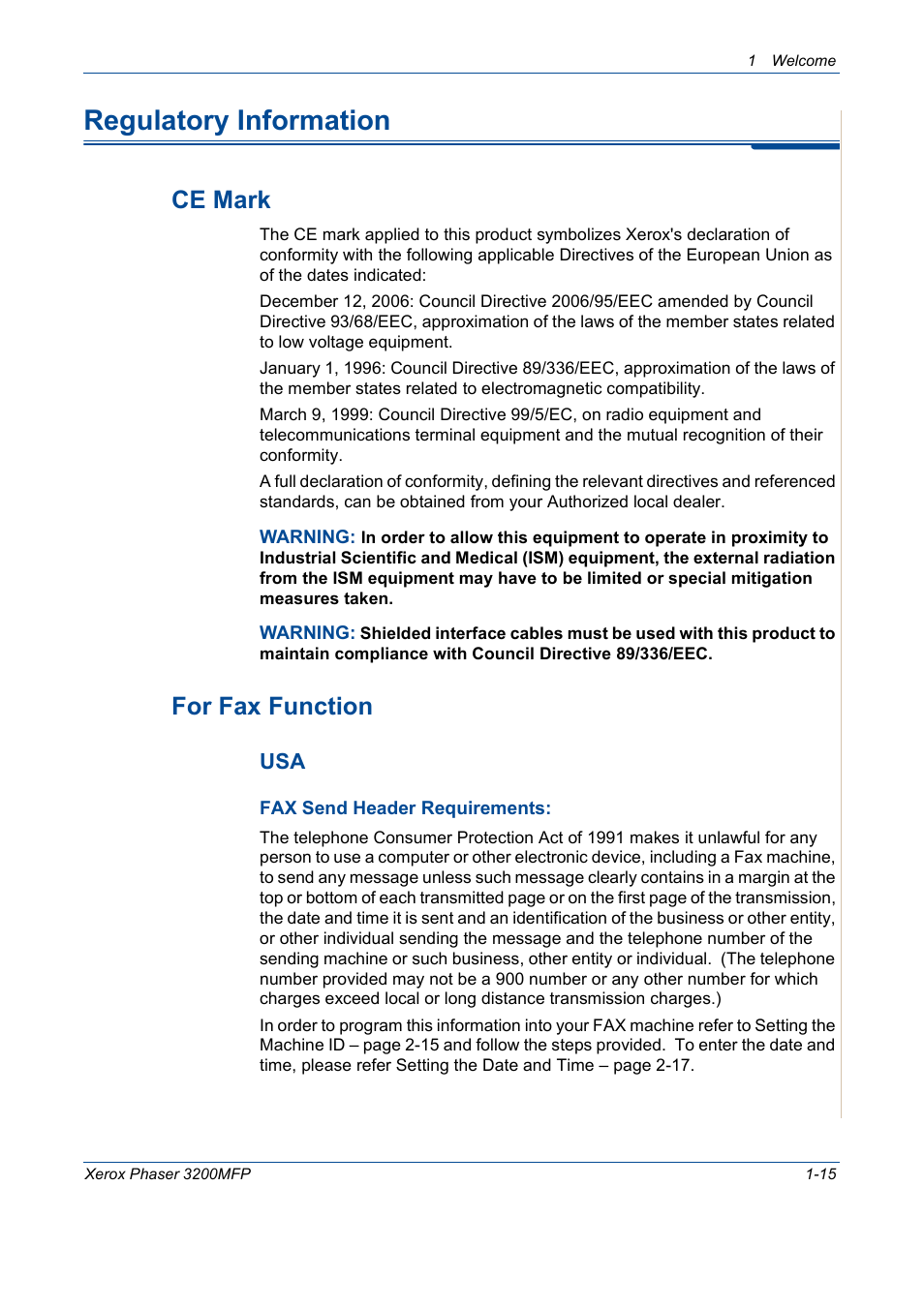 Regulatory information, Regul, Ce mark -15 for fax function -15 | Ce mark, For fax function | Xerox 3200MFP User Manual | Page 23 / 236