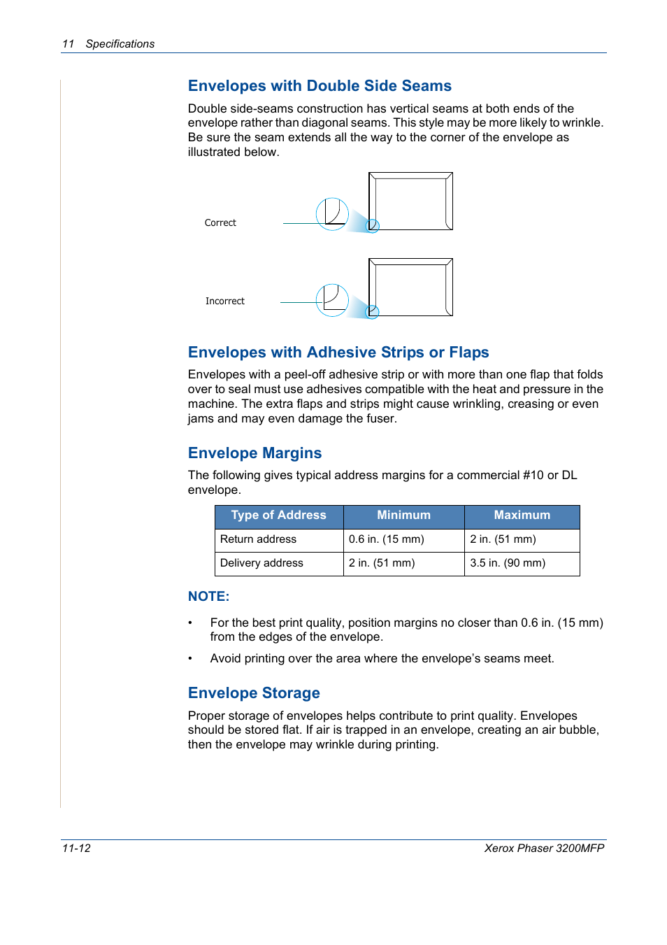 Envelopes with double side seams, Envelopes with adhesive strips or flaps, Envelope margins | Envelope storage | Xerox 3200MFP User Manual | Page 230 / 236