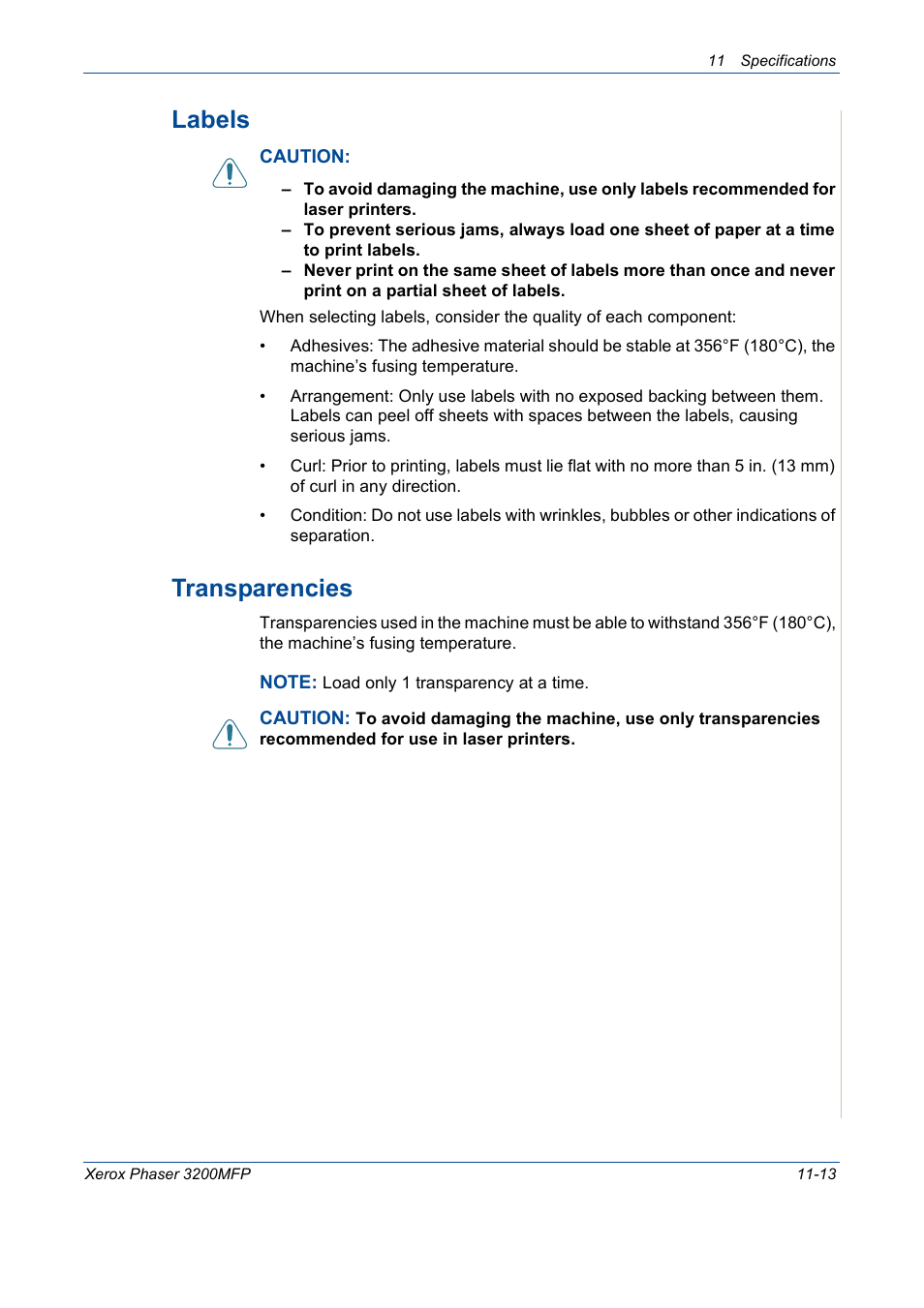 Labels -13 transparencies -13, Labels, Transparencies | Xerox 3200MFP User Manual | Page 231 / 236