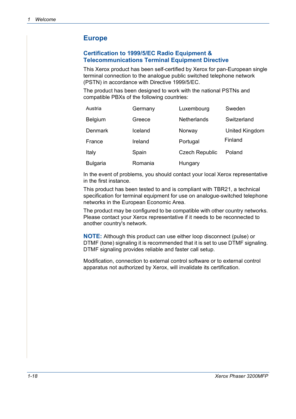 Europe | Xerox 3200MFP User Manual | Page 26 / 236