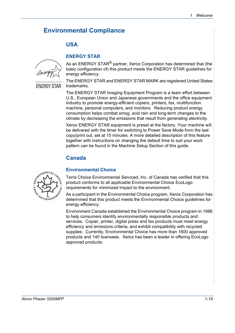 Environmental compliance -19, Environmental compliance, Canada | Xerox 3200MFP User Manual | Page 27 / 236