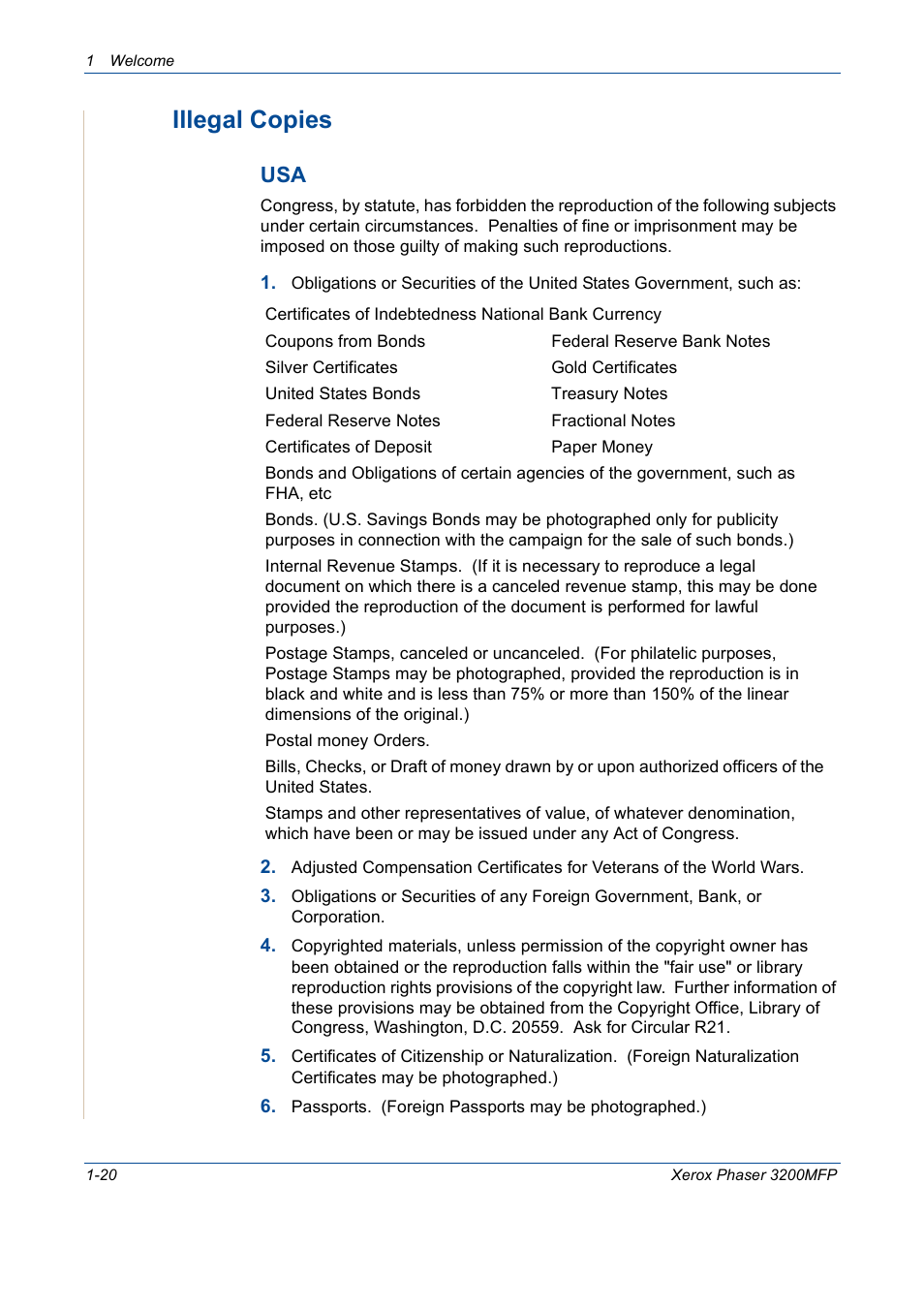 Illegal copies -20, Illegal copies | Xerox 3200MFP User Manual | Page 28 / 236