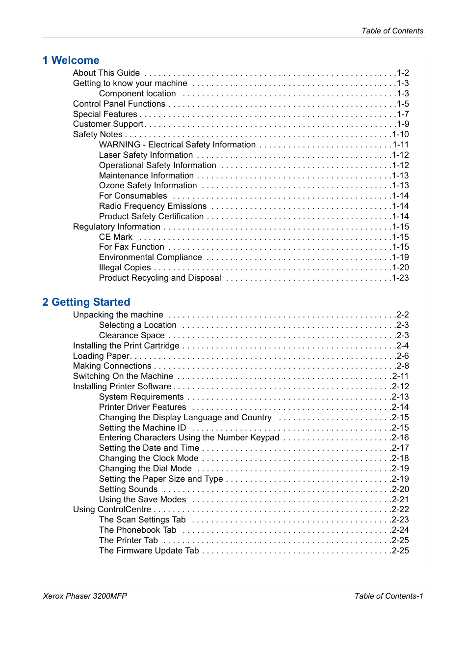 1 welcome, 2 getting started | Xerox 3200MFP User Manual | Page 3 / 236