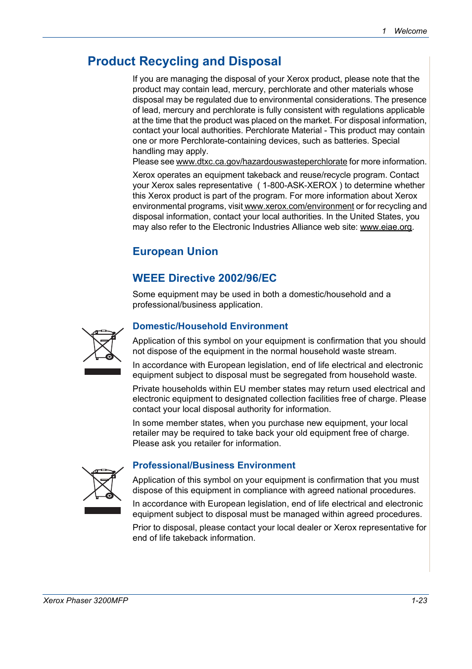 Product recycling and disposal -23, Product recycling and disposal | Xerox 3200MFP User Manual | Page 31 / 236