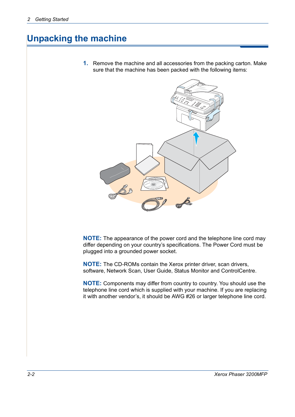 Unpacking the machine, Unpacking the machine -2 | Xerox 3200MFP User Manual | Page 34 / 236