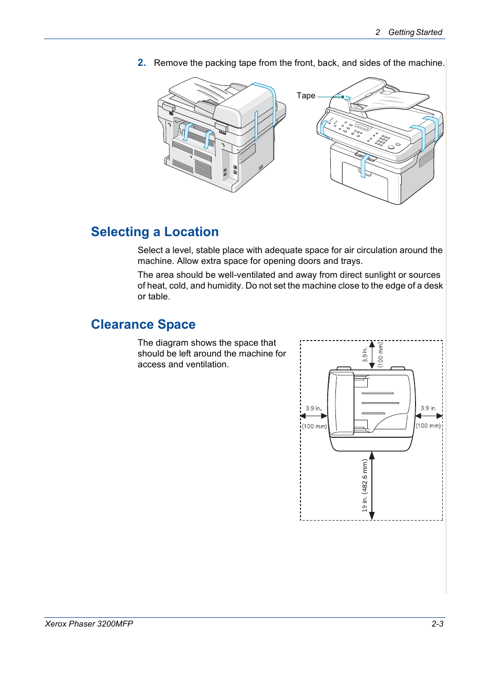 Selecting a location -3 clearance space -3, Selecting a location, Clearance space | Xerox 3200MFP User Manual | Page 35 / 236