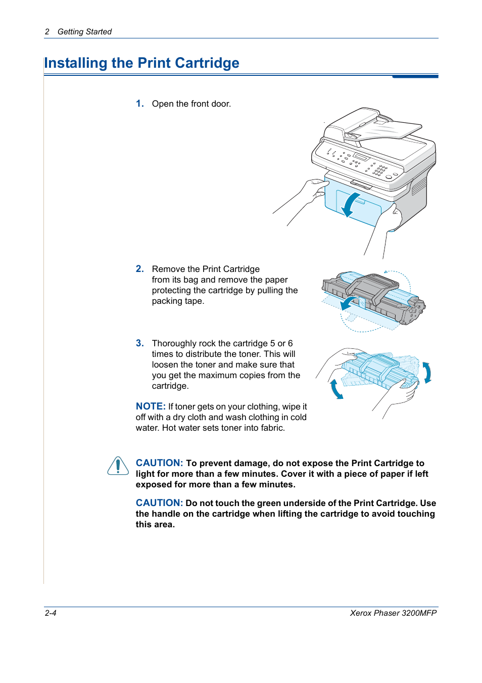 Installing the print cartridge, Installing the print cartridge -4 | Xerox 3200MFP User Manual | Page 36 / 236