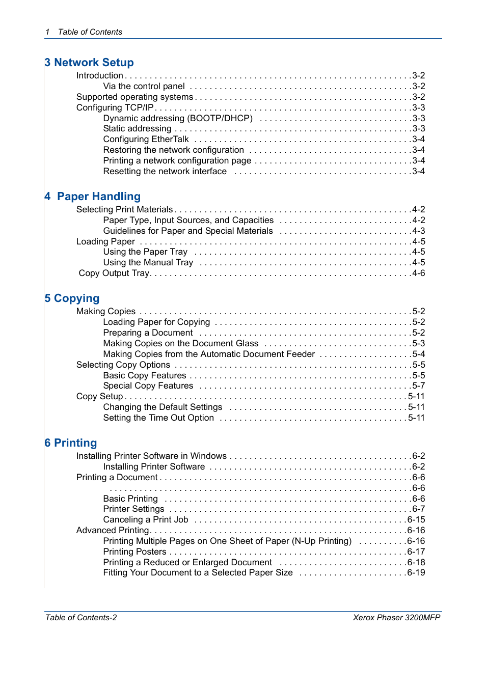 3 network setup, 4 paper handling, 5 copying | 6 printing | Xerox 3200MFP User Manual | Page 4 / 236