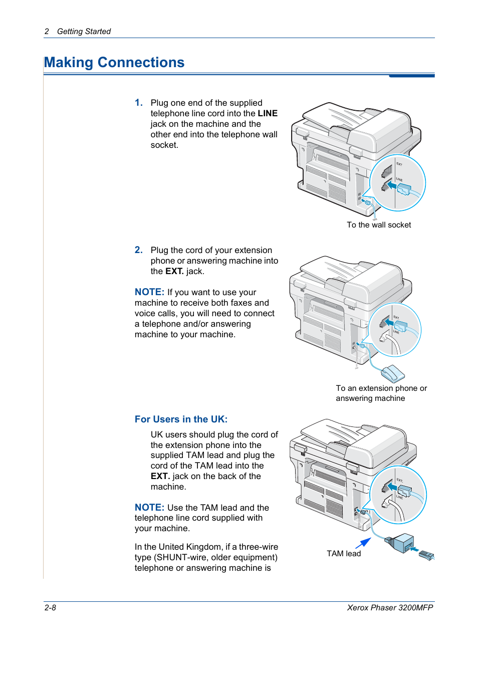 Making connections, Making connections -8 | Xerox 3200MFP User Manual | Page 40 / 236