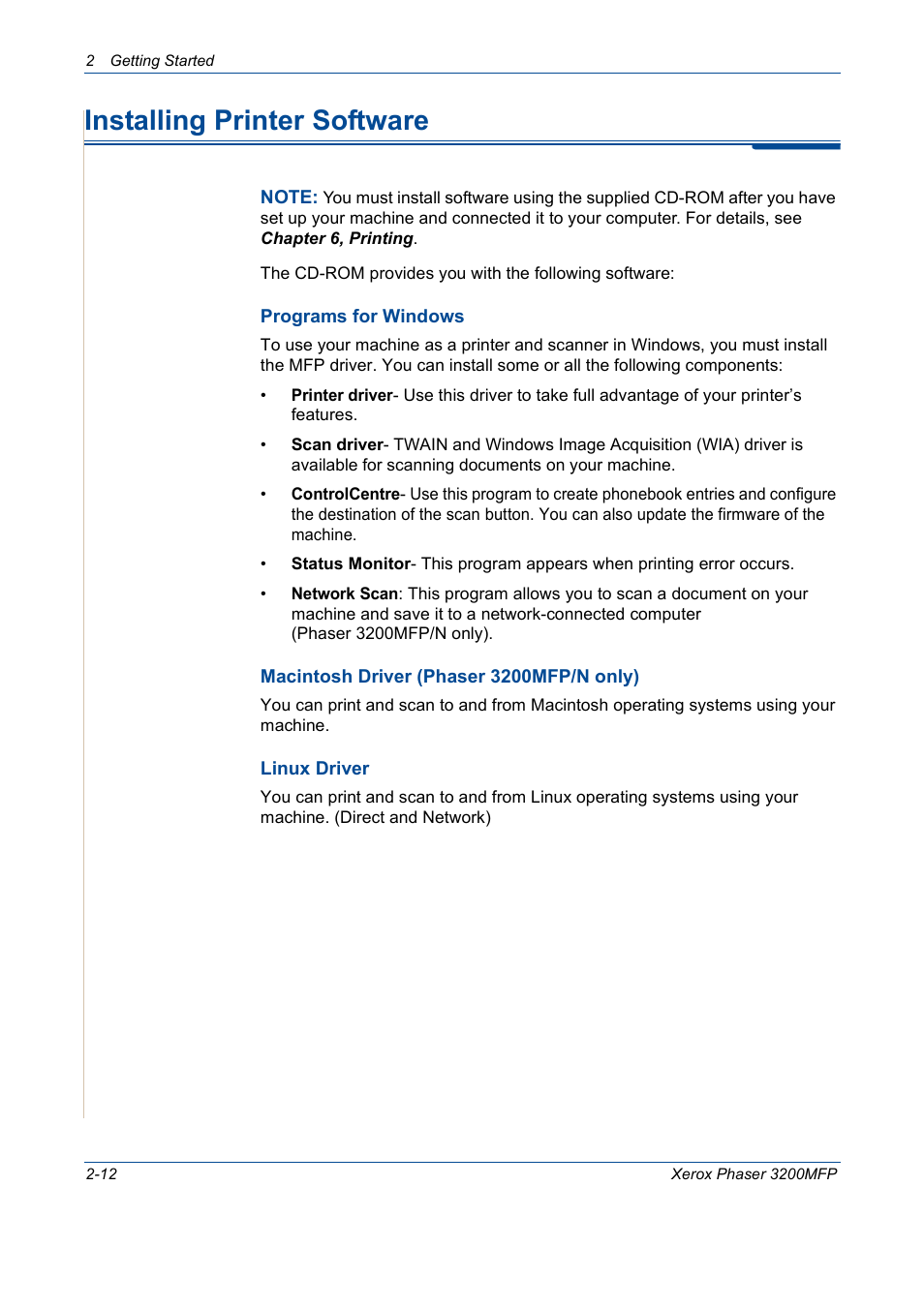 Installing printer software, Installing printer software -12 | Xerox 3200MFP User Manual | Page 44 / 236