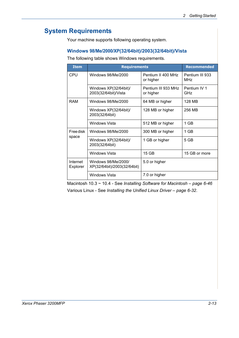 System requirements -13, System requirements | Xerox 3200MFP User Manual | Page 45 / 236
