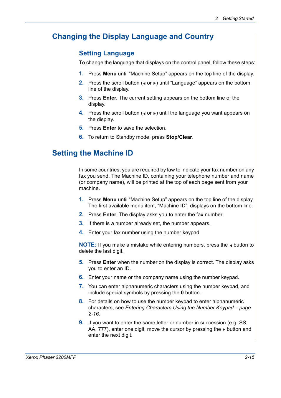 Changing the display language and country, Setting the machine id, Setting language | Xerox 3200MFP User Manual | Page 47 / 236
