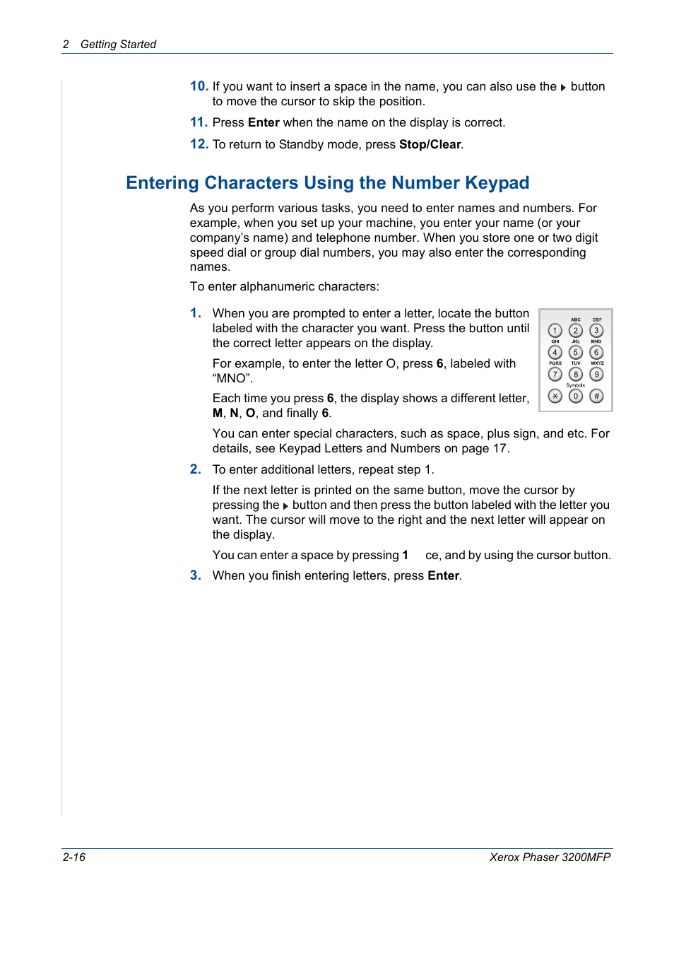 Entering characters using the number keypad -16, Entering characters using the number keypad | Xerox 3200MFP User Manual | Page 48 / 236