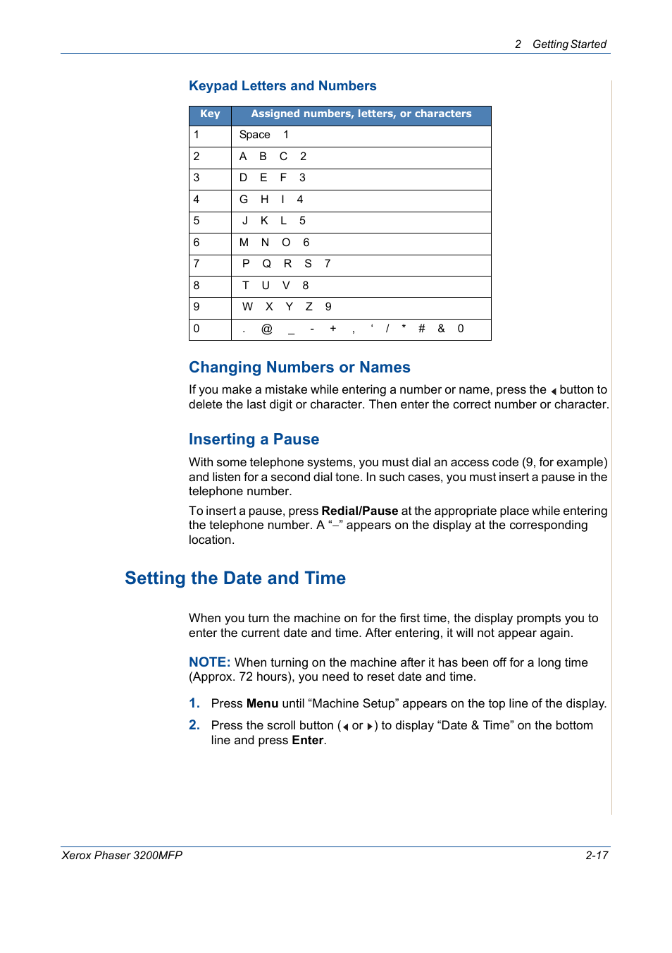 Setting the date and time -17, Setting the date and time, Changing numbers or names | Inserting a pause | Xerox 3200MFP User Manual | Page 49 / 236
