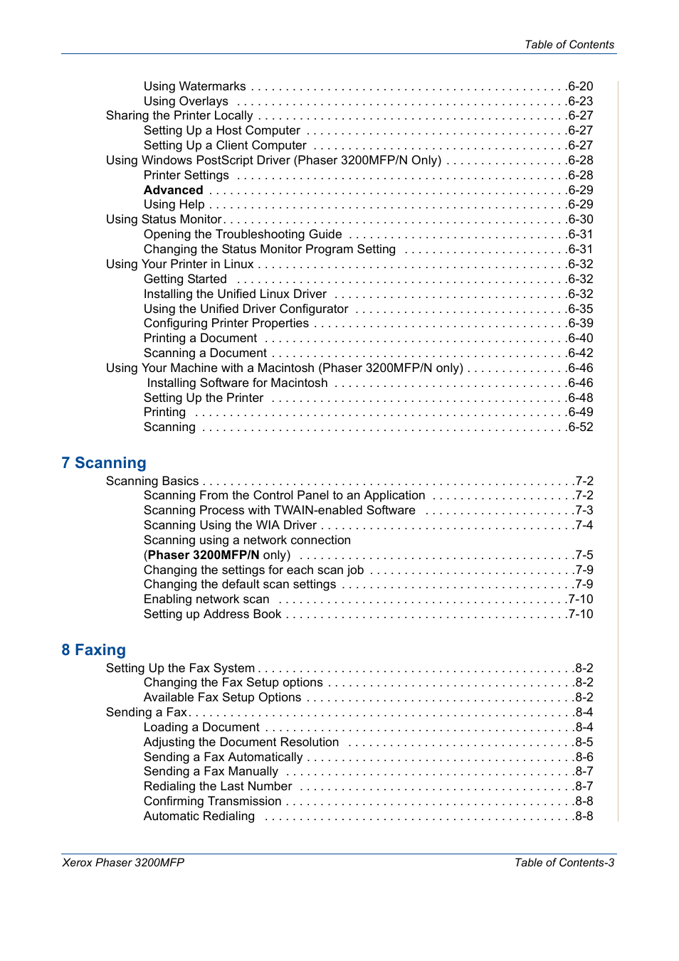 7 scanning, 8 faxing | Xerox 3200MFP User Manual | Page 5 / 236