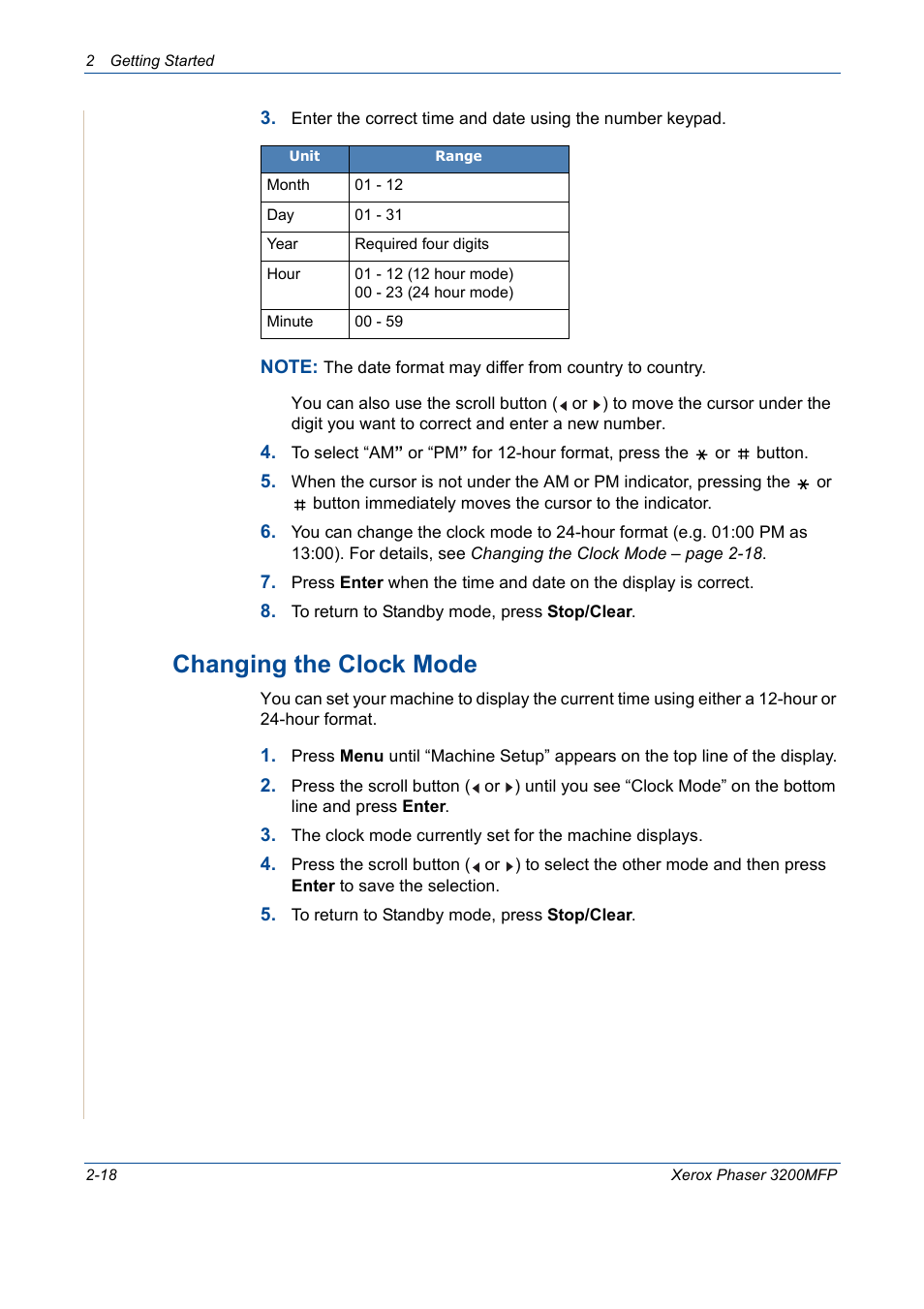 Changing the clock mode -18, Changing the clock mode | Xerox 3200MFP User Manual | Page 50 / 236