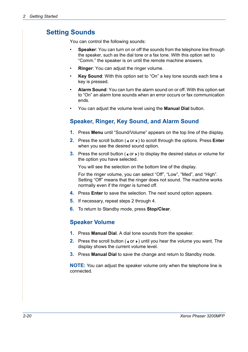 Setting sounds -20, Setting sounds, Speaker, ringer, key sound, and alarm sound | Speaker volume | Xerox 3200MFP User Manual | Page 52 / 236