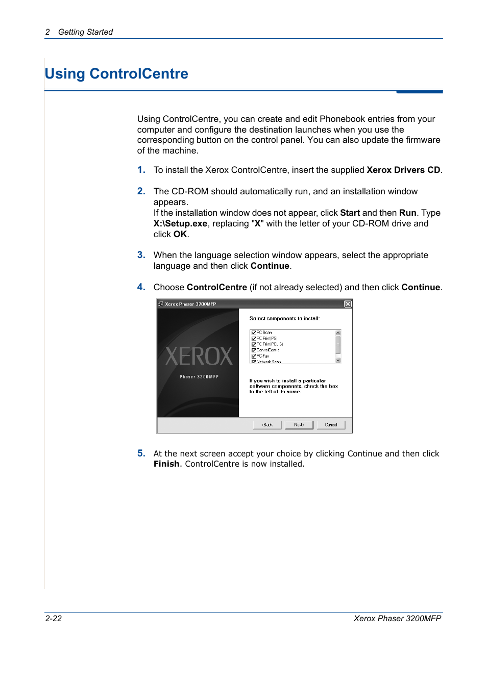 Using controlcentre, Using controlcentre -22, Using controlcentre on | Xerox 3200MFP User Manual | Page 54 / 236