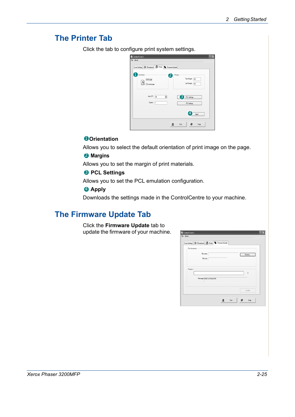 The printer tab -25 the firmware update tab -25, The printer tab, The firmware update tab | Xerox 3200MFP User Manual | Page 57 / 236