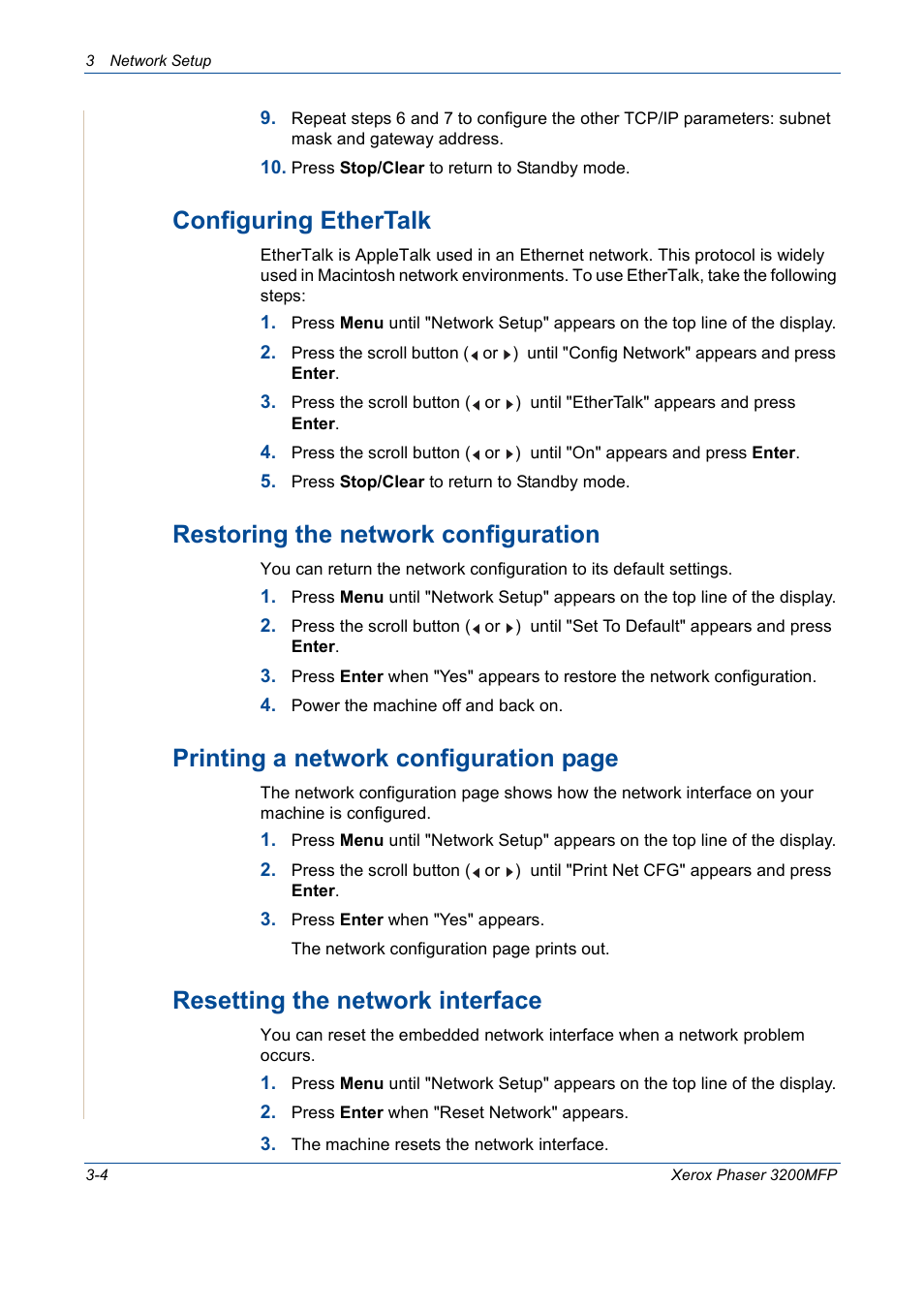 Configuring ethertalk, Restoring the network configuration, Printing a network configuration page | Resetting the network interface | Xerox 3200MFP User Manual | Page 62 / 236