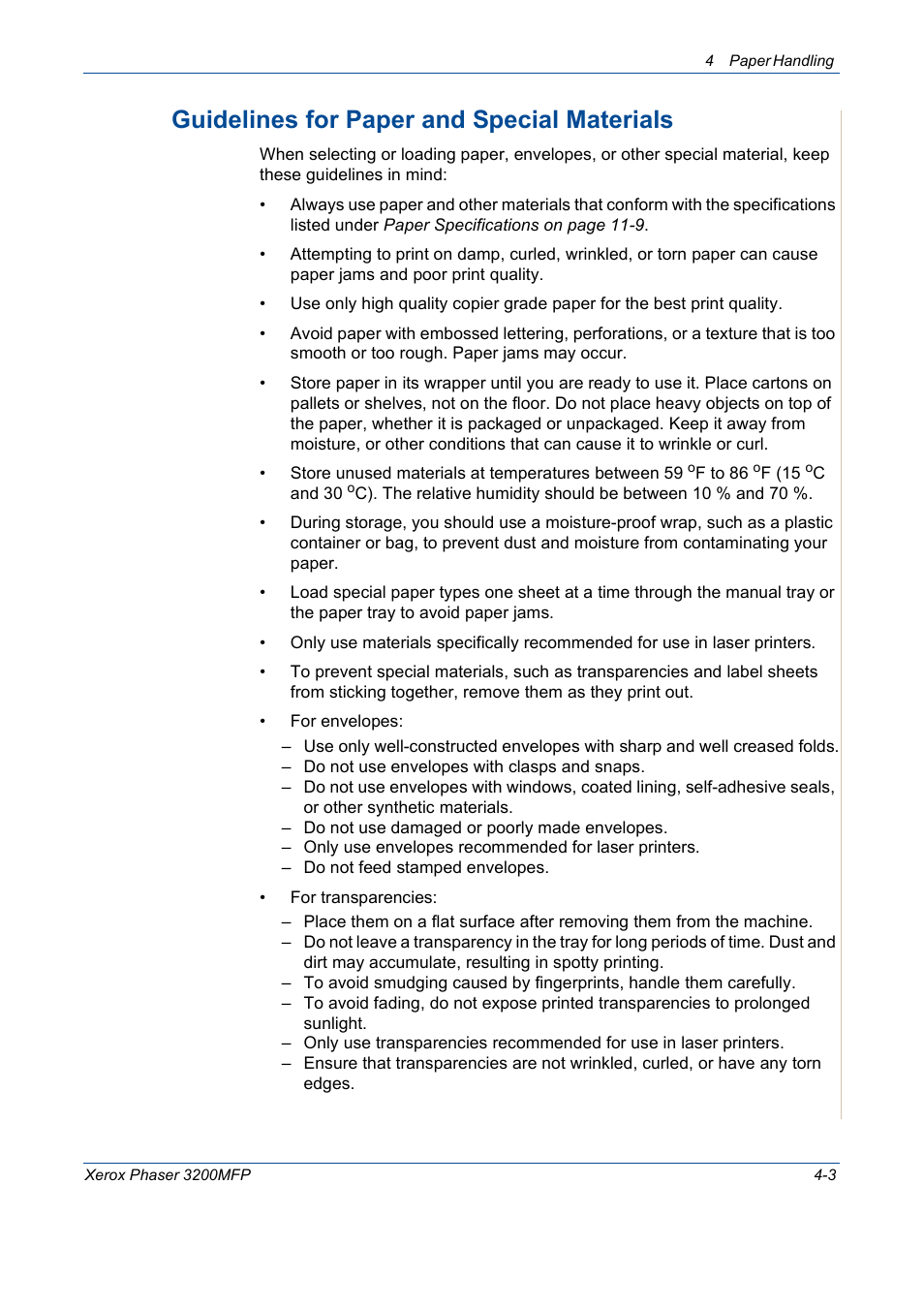 Guidelines for paper and special materials -3, Guidelines for paper and special materials | Xerox 3200MFP User Manual | Page 65 / 236