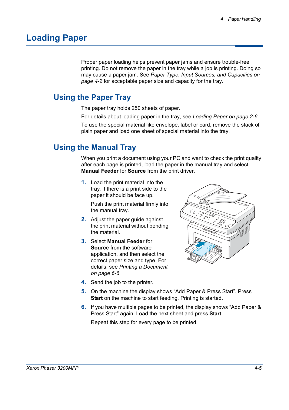 Loading paper, Loading paper -5, Using the paper tray -5 using the manual tray -5 | Using the paper tray, Using the manual tray | Xerox 3200MFP User Manual | Page 67 / 236