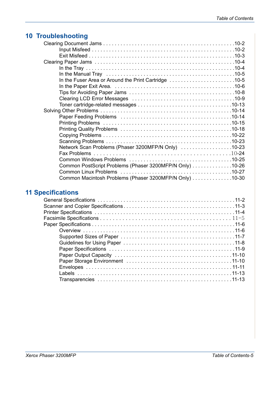 10 troubleshooting, 11 specifications | Xerox 3200MFP User Manual | Page 7 / 236