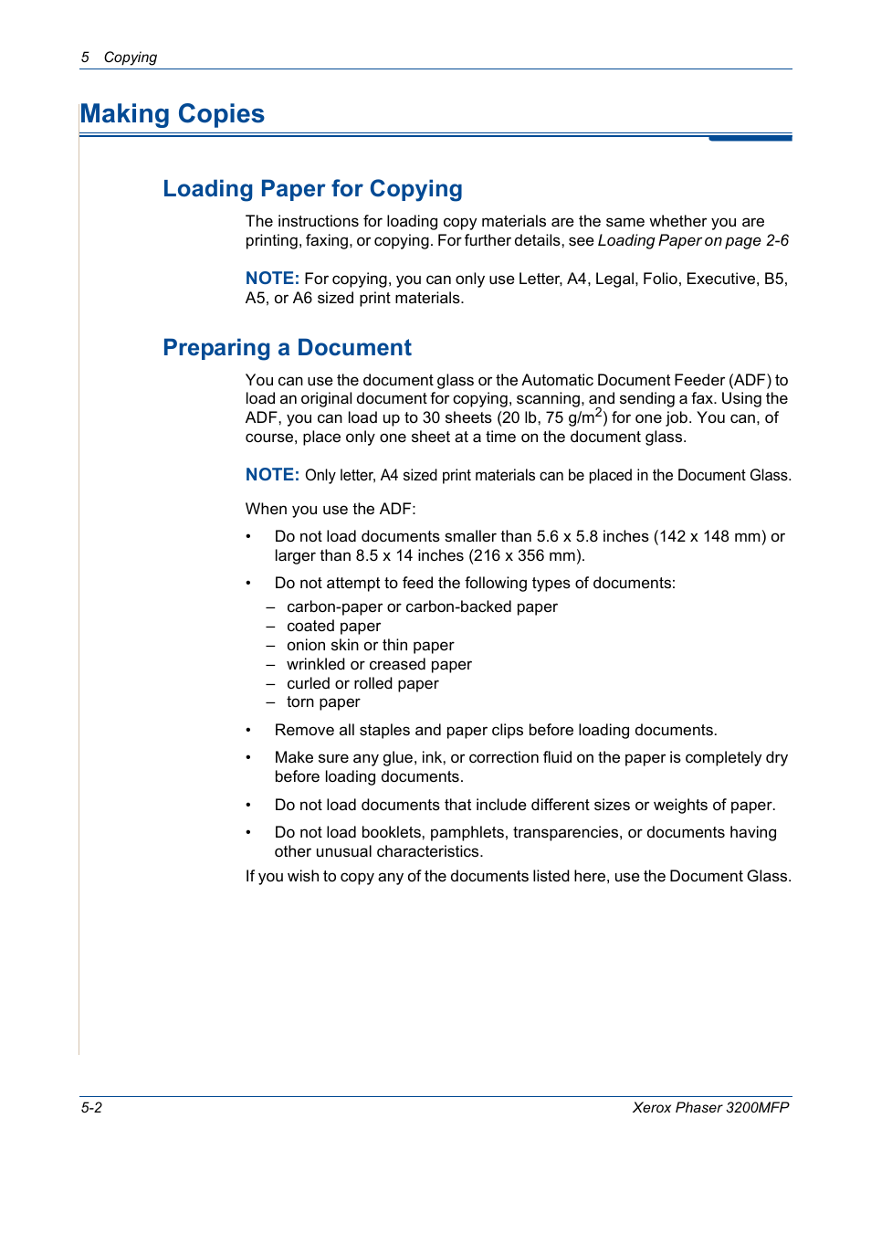 Making copies, Making copies -2, Loading paper for copying | Preparing a document | Xerox 3200MFP User Manual | Page 70 / 236