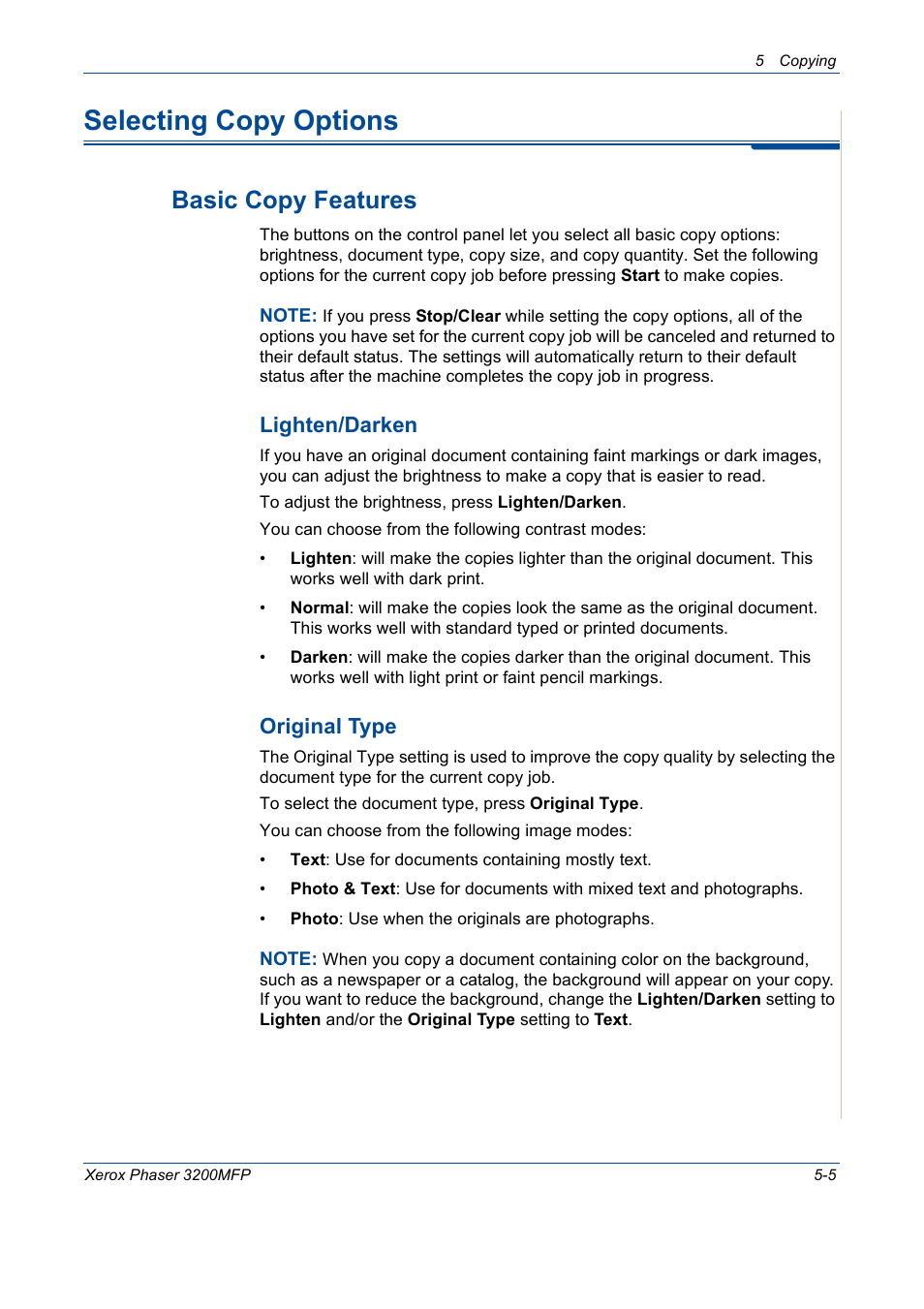 Selecting copy options, Selecting copy options -5, Basic copy features -5 | Basic copy features, Lighten/darken, Original type | Xerox 3200MFP User Manual | Page 73 / 236