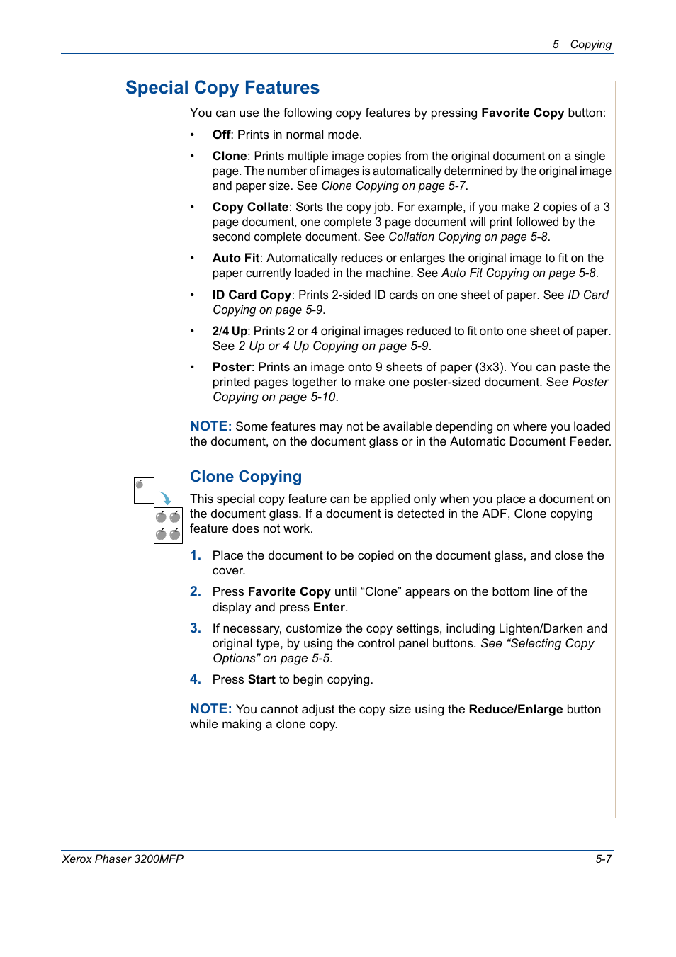 Special copy features -7, Special copy features, Clone copying | Xerox 3200MFP User Manual | Page 75 / 236