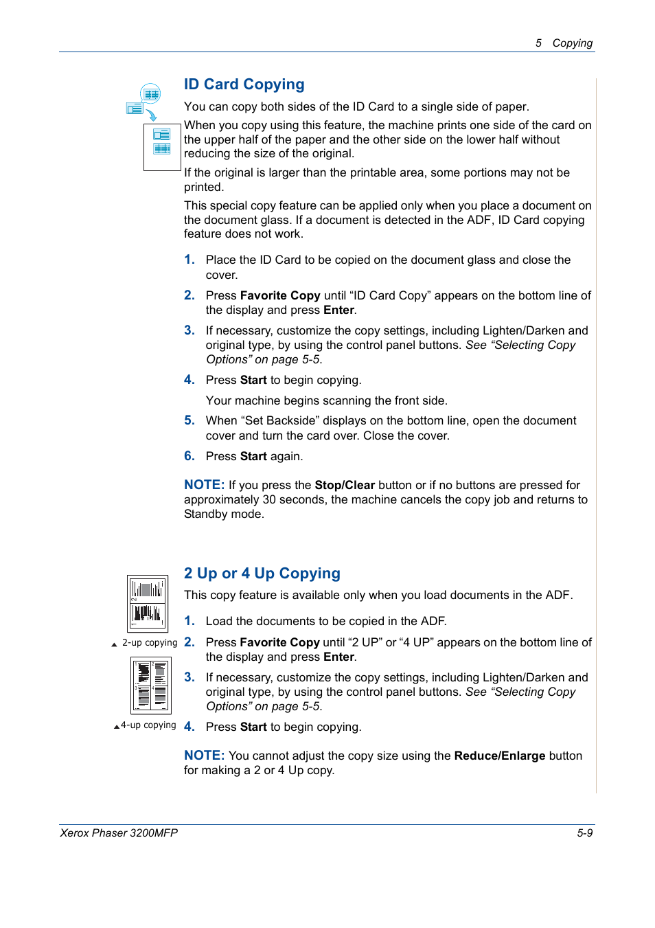 Id card copying, 2 up or 4 up copying | Xerox 3200MFP User Manual | Page 77 / 236