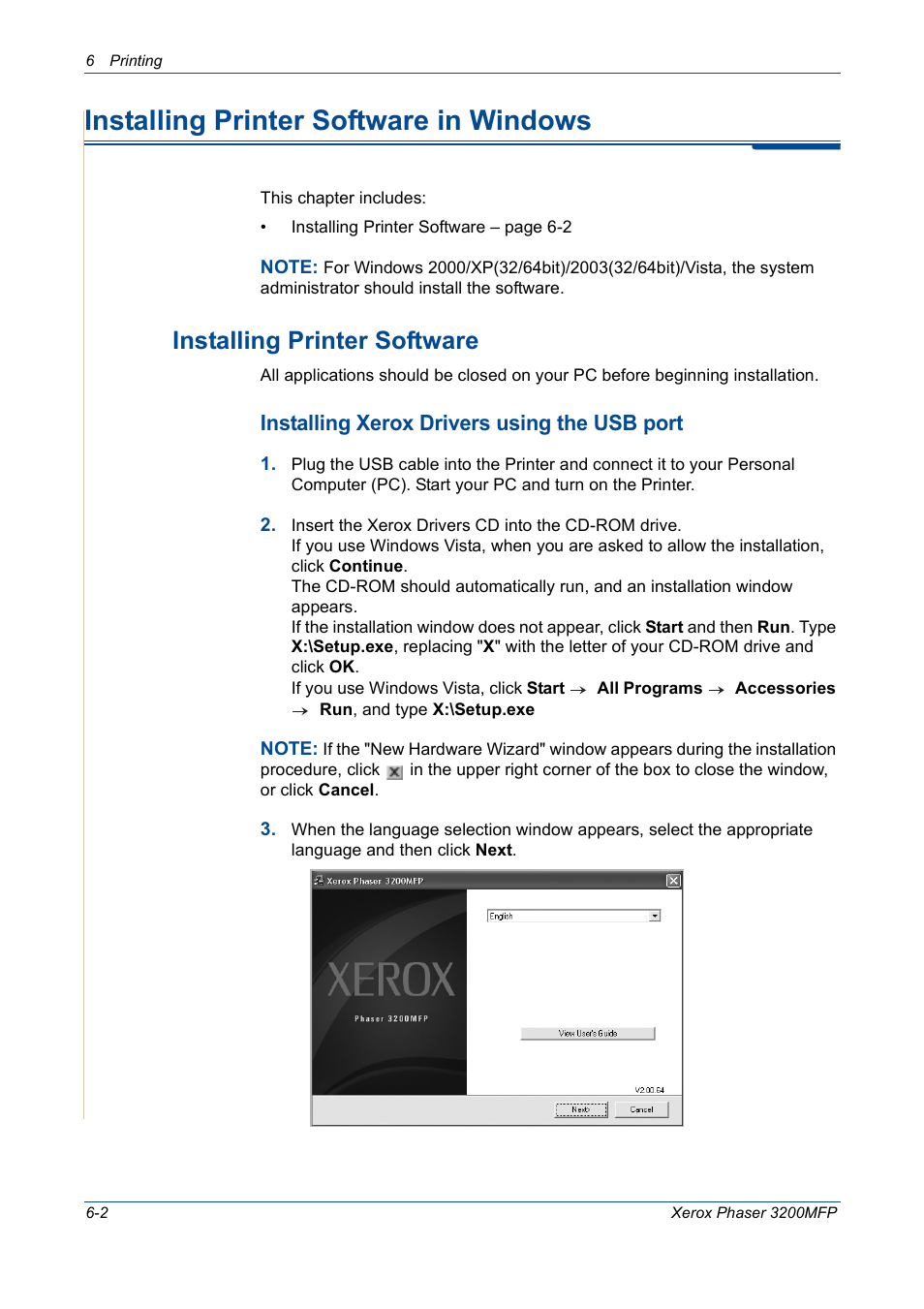 Installing printer software in windows, Installing printer software in windows -2, Installing printer software -2 | Installing printer software, Installing xerox drivers using the usb port | Xerox 3200MFP User Manual | Page 82 / 236