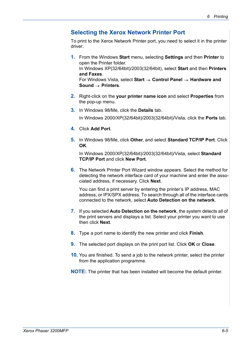 Selecting the xerox network printer port | Xerox 3200MFP User Manual | Page 85 / 236