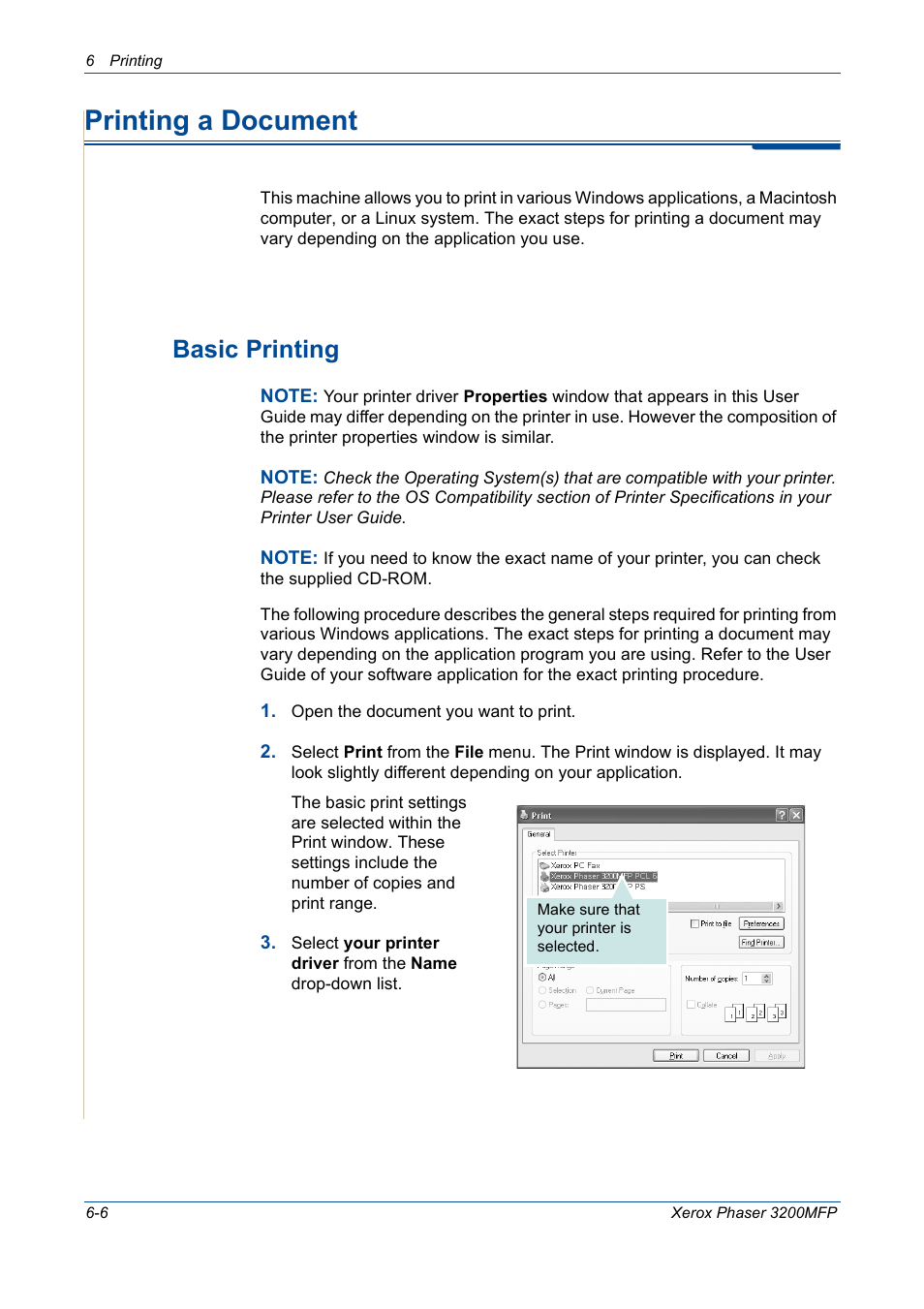 Printing a document, Printing a document -6, 6 basic printing -6 | Basic printing | Xerox 3200MFP User Manual | Page 86 / 236