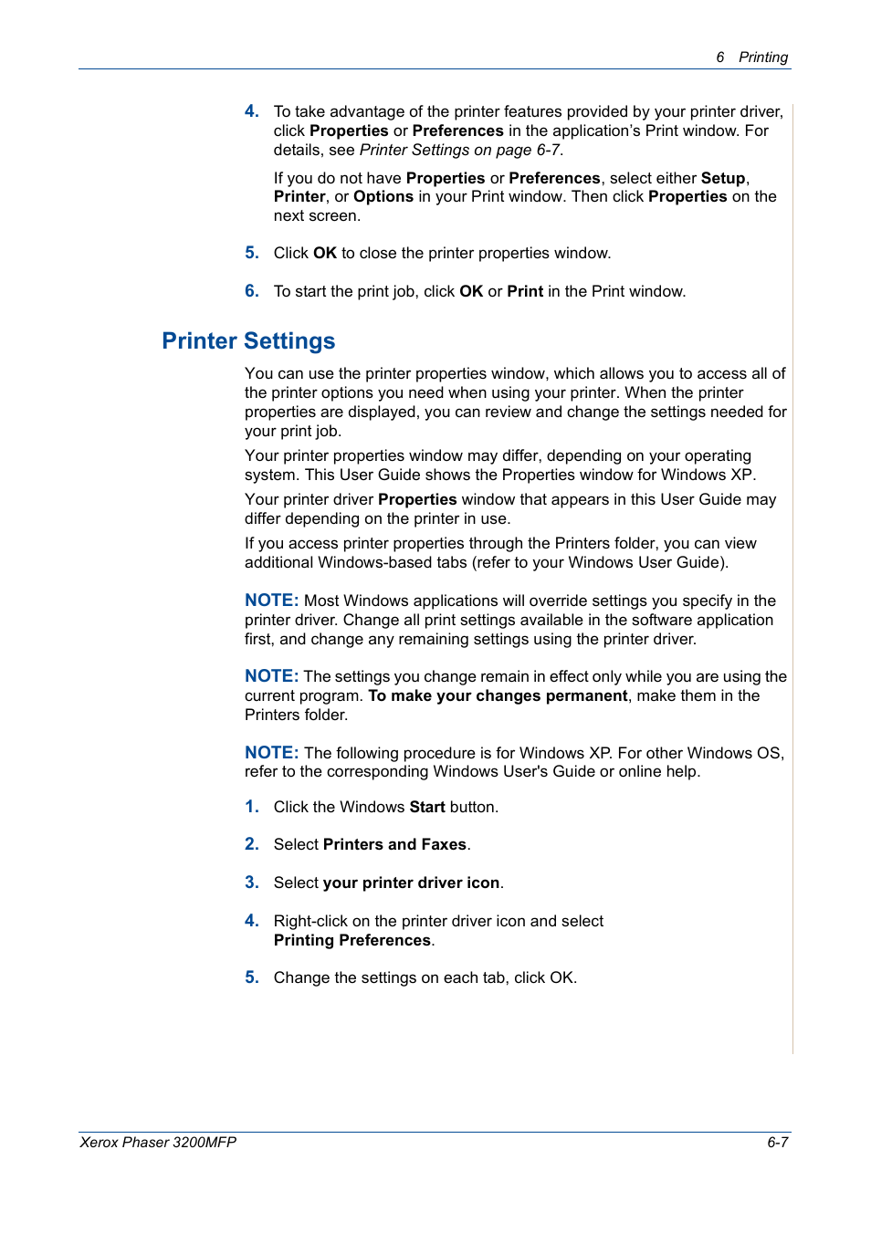 Printer settings -7, Printer settings | Xerox 3200MFP User Manual | Page 87 / 236