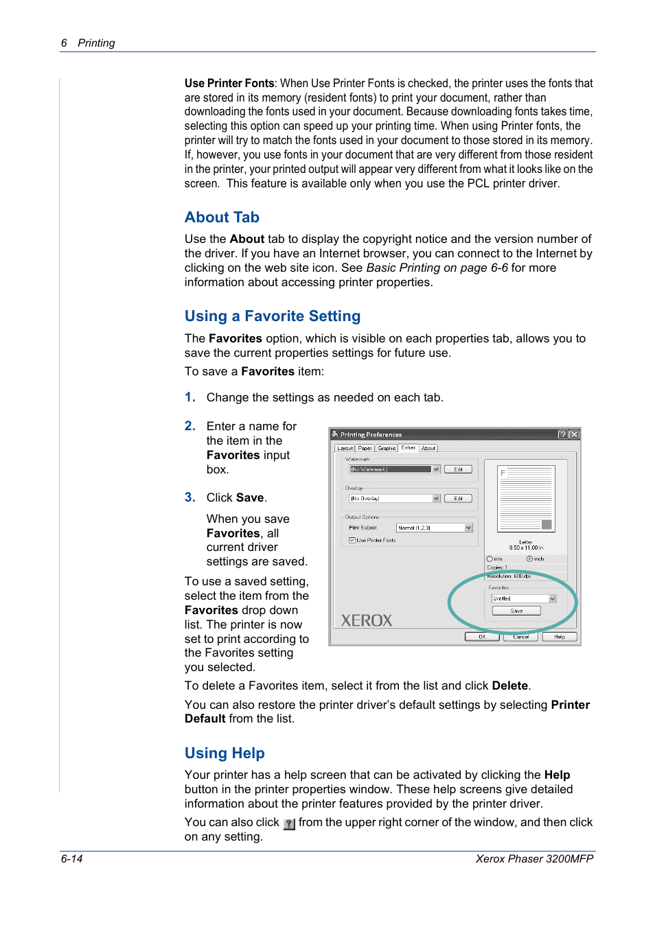 About tab, Using a favorite setting, Using help | Xerox 3200MFP User Manual | Page 94 / 236