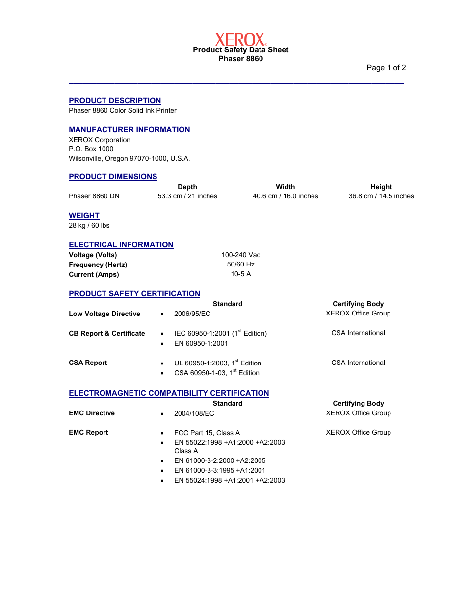 Xerox Phaser 8860 EN User Manual | 2 pages