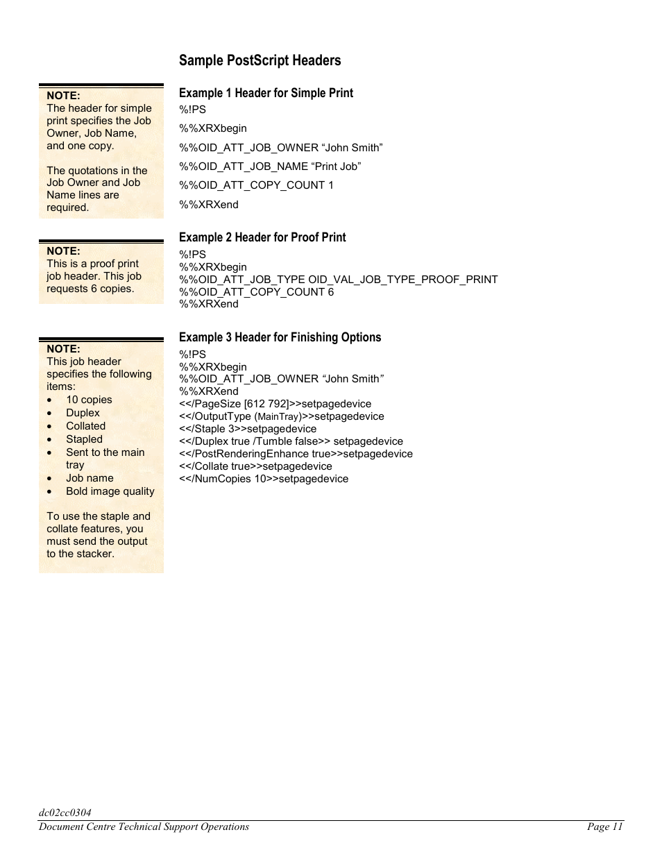 Sample postscript headers | Xerox DC 545 User Manual | Page 11 / 28