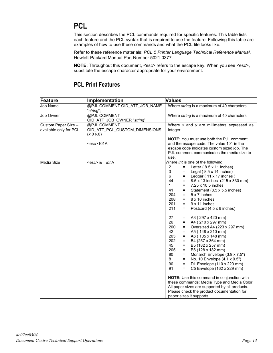 Pcl print features | Xerox DC 545 User Manual | Page 13 / 28