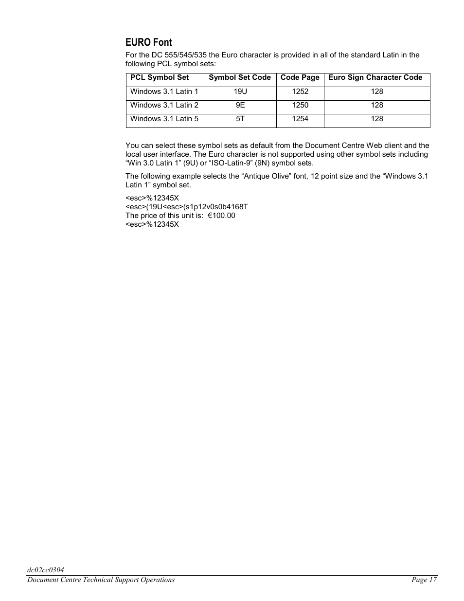 Euro font | Xerox DC 545 User Manual | Page 17 / 28